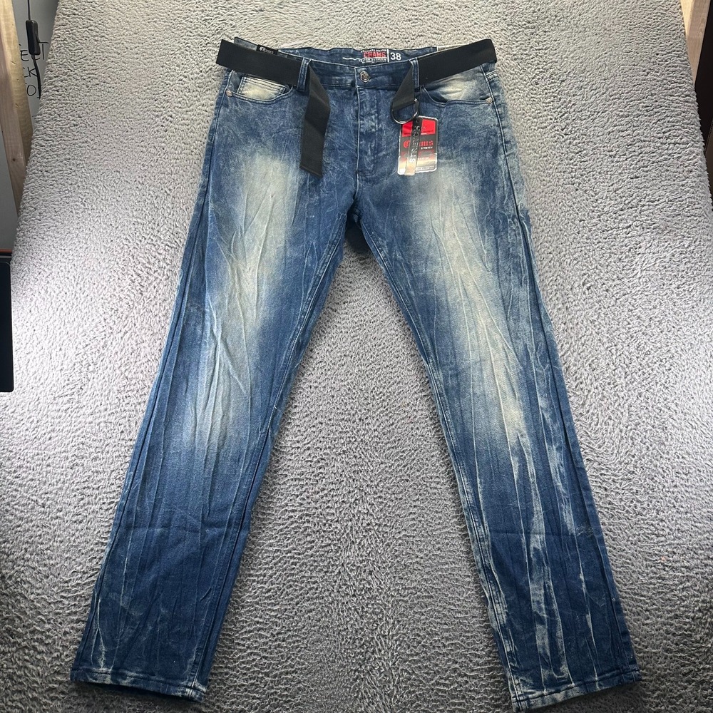 Chams Jeans Mens 38x34 Blue Cotton Denim‎ Straight Leg Stretch Faded Biker Moto